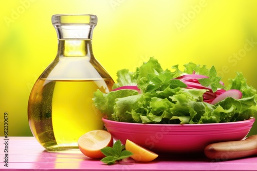  a bowl of lettuce next to a bottle of olive oil and a pink bowl with a green leafy salad in it on a pink table with a yellow background.