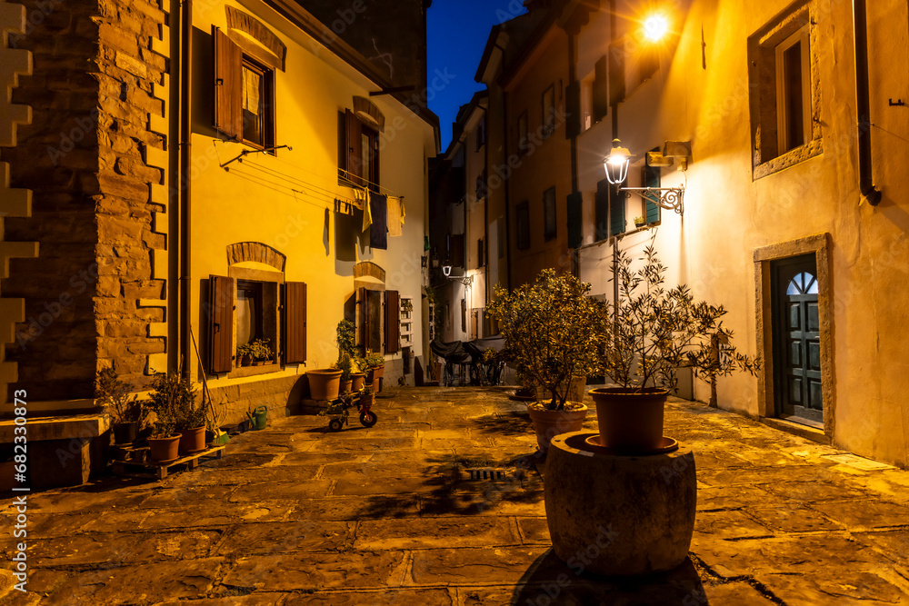 Night shot in an alley in Muggia, a coastal town in northern Italy near Trieste