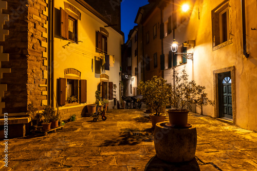 Obraz na płótnie Night shot in an alley in Muggia, a coastal town in northern Italy near Trieste w salonie