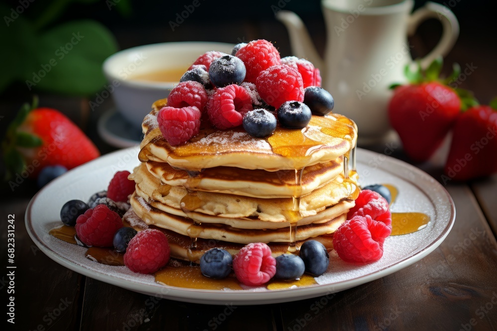 Delicious Healthy breakfast pancake plate. Morning bakery. Generate Ai Delicious Healthy breakfast pancake plate. Morning bakery. Generate Ai
