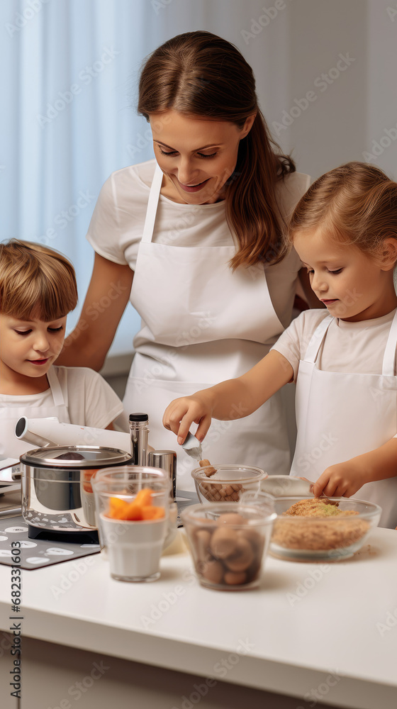 Happy children with mother making Christmas cookies in a minimal style kitchen. Family Christmas activities, motherhood and childhood, family cooking. Happy children with mother making Christmas cookies in a minimal style kitchen. Family Christmas activities, motherhood and childhood, family cooking.