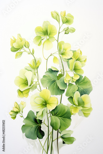 A watercolor masterpiece unveils the ethereal beauty of Creeping Jenny on a pure white canvas, each stroke capturing the delicate charm of this enchanting flower. photo