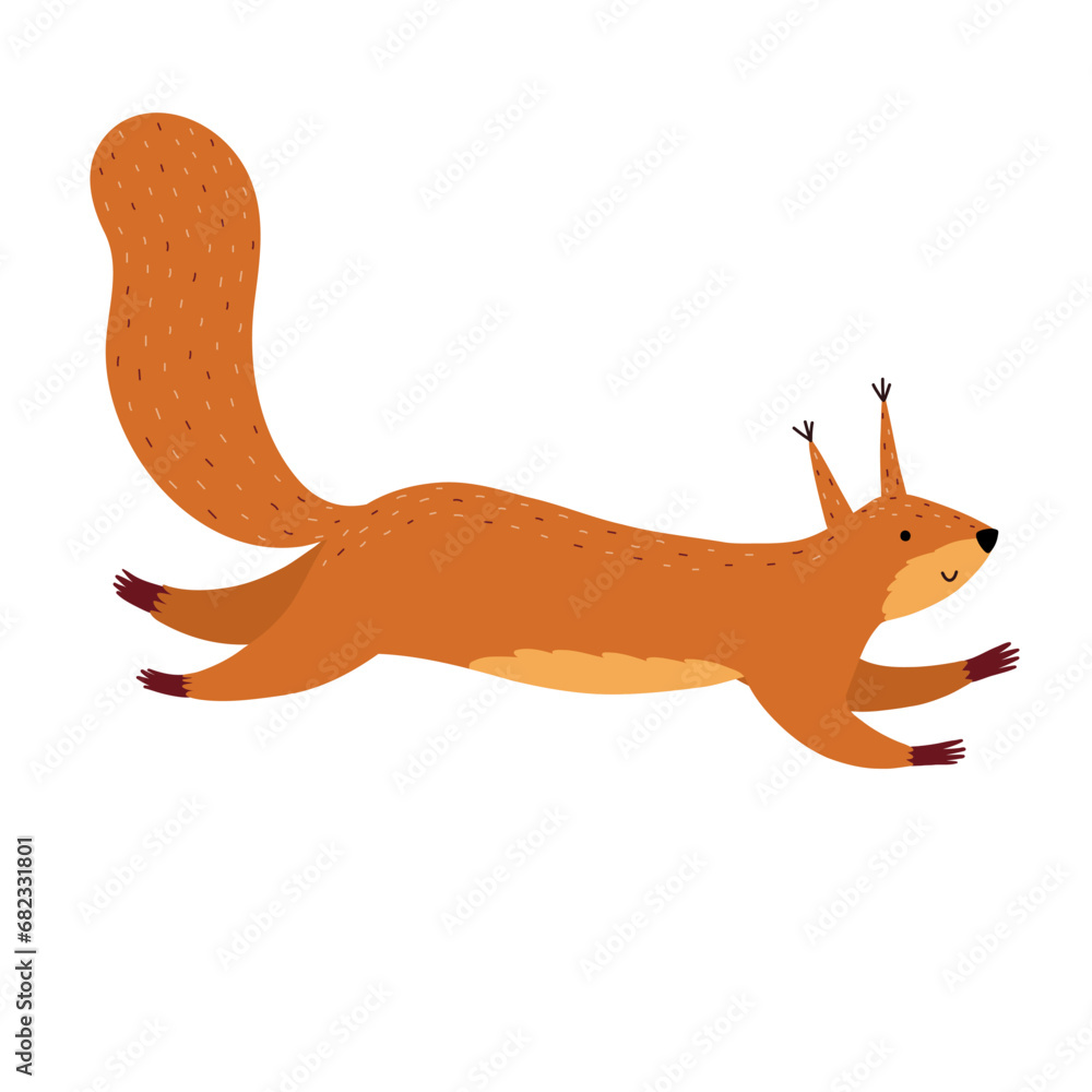 Fototapeta premium Cute squirrel isolated on white background. Jumping forest character in cartoon style for kids design. Orange woodland animal. Vector illustration