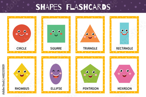 Shapes flashcards collection for kids. Flash cards set with cute geometric characters for practicing reading skills. Circle, square, triangle and more. Vector illustration