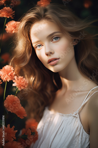 Portrait of a young beautiful woman surrounded by many blooming flowers. Creative vertical concept of femininity, tenderness, blooming and natural beauty.