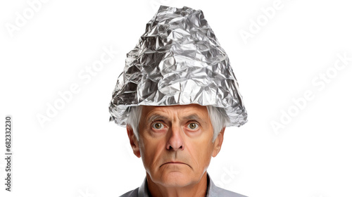 Senior man in tin foil hat, cut out photo
