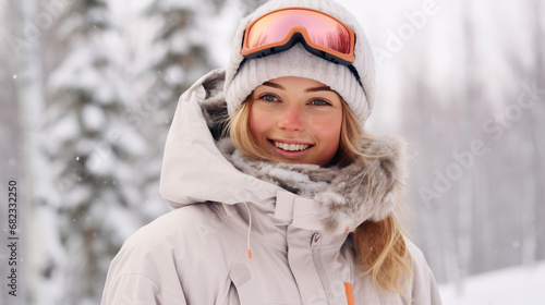 Portrait young smiling female snowboarder in sporty winter clothes against snowy forest background. Skiing on snowboard, winter activities, copy space.