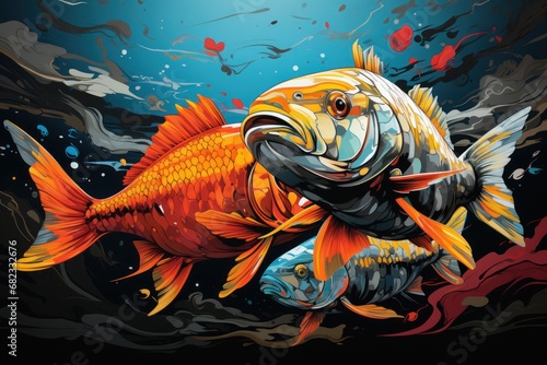  a painting of a fish with a fish hook in it's mouth and a fish on it's back, swimming in a body of water with bubbles.