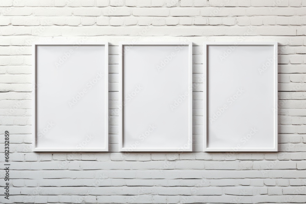 Three wooden frames with a pictures or photos on white brick wall in modern minimalistic home interior. Copy space mockup template. Generative AI. Three wooden frames with a pictures or photos on white brick wall in modern minimalistic home interior. Copy space mockup template. Generative AI.