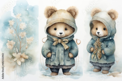  a painting of two teddy bears dressed in winter clothes and holding a teddy bear in a coat and a teddy bear with a scarf around his neck, standing next to each other teddy bear.