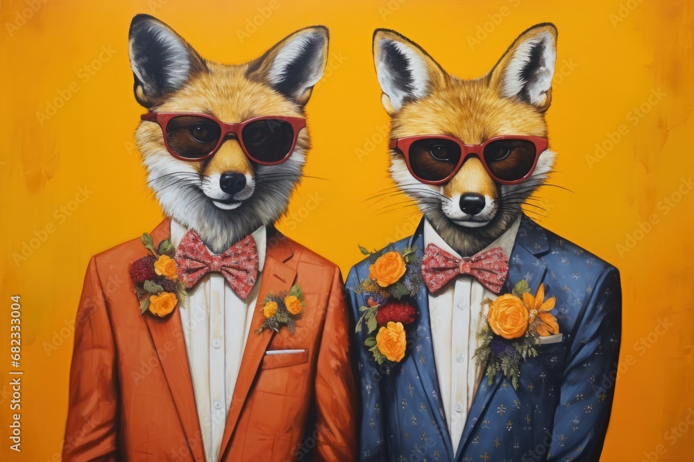  a painting of two foxes wearing red sunglasses and a blue suit with a floral boutonniere and a red rose boutonniere and a yellow background.