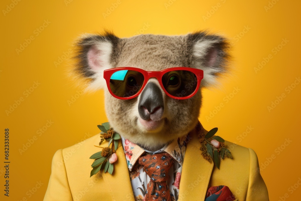  a koala wearing red sunglasses and a yellow suit with a floral print on it's lapel and a floral print on the lapel collar and a yellow background.