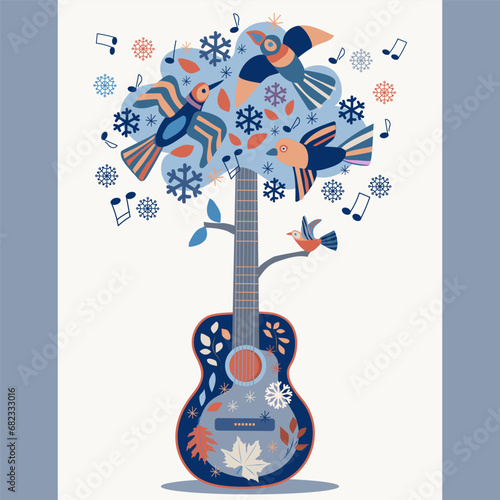 Winter illustration with a country guitar with a tree crown, birds, snowflakes, notes.  Folk. For postcards, concert invitations, banners, posters