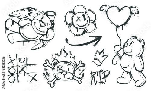Black spray paint with bears with angel wings and heart balloon, tic tac toe, crown, smiley face flower. Street art graffiti of bear characters and urban elements with ink drips in hand drawn.