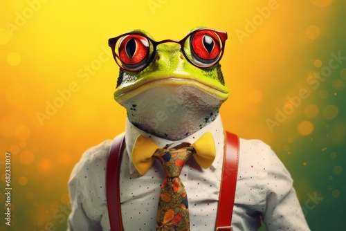  a frog wearing glasses and a tie with suspenders and a polka dot shirt and suspenders with suspenders and a polka dot shirt with suspenders and a yellow background. photo