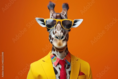  a giraffe wearing a yellow suit and red tie with sunglasses on it's head and wearing a yellow jacket with a red tie and yellow blazer.