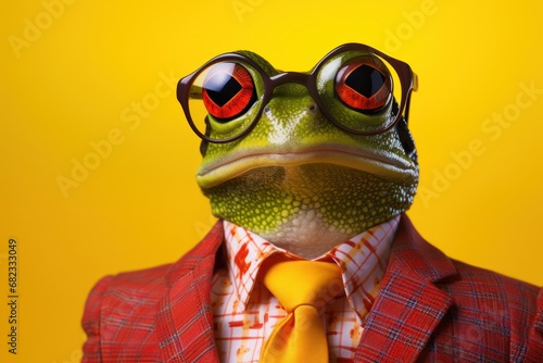 a close up of a frog wearing a suit and tie with big red glasses on it's face and wearing a red and white checkered shirt and yellow tie.