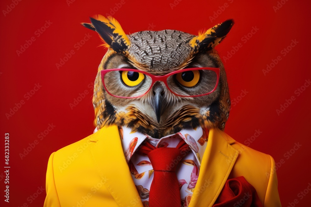  an owl dressed in a yellow suit with red glasses and a red tie with a yellow blazer and red shirt with a red tie and yellow jacket with a red background.