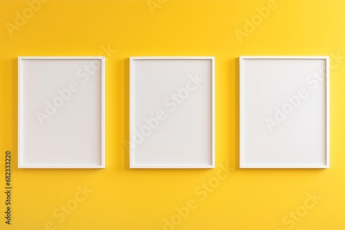 Three wooden frames with a pictures or photos on yellow wall in modern minimalistic home interior. Copy space white mockup template. Generative AI.