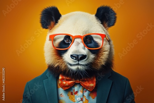  a panda bear wearing red glasses and a green jacket with a bow tie and a bow tie on it's head and wearing a green jacket with a red bow tie. © Nadia