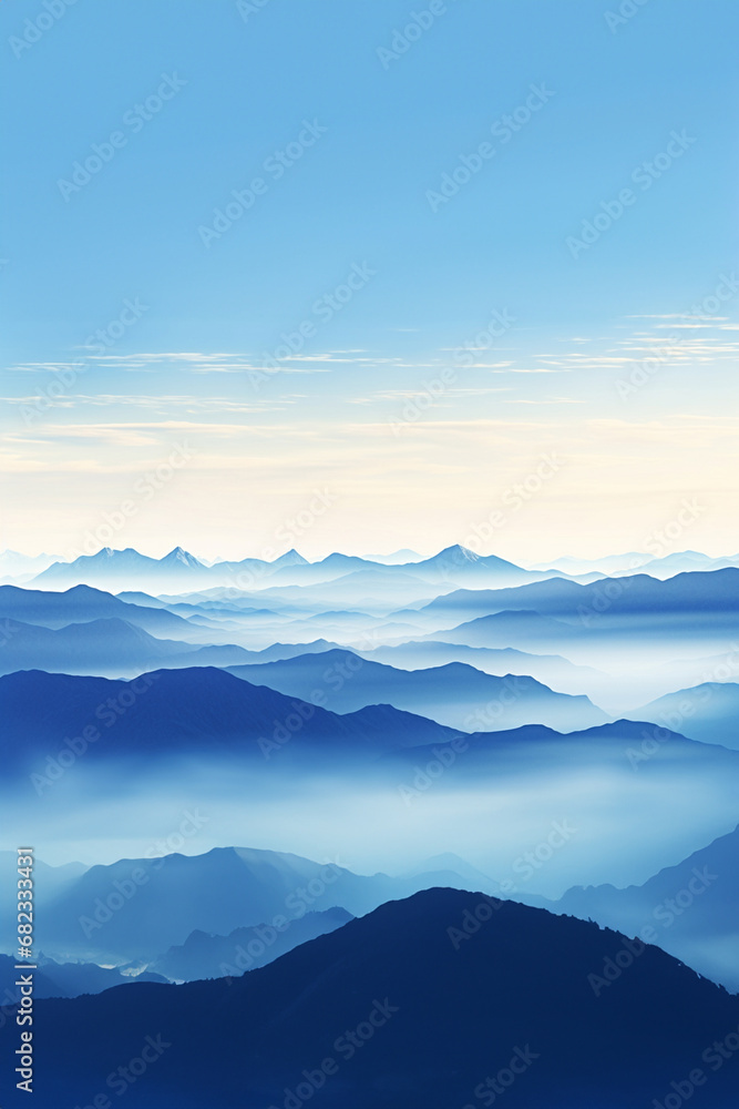Obraz premium The scenic landscape view of many blue mountain ranges with fog of the morning and sunrise time along the sky horizon, calm and serene view. Generative AI.