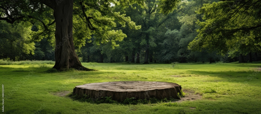 Naklejka premium In the heart of the summer, the texture of the old tree's weathered wood contrasts beautifully against the vibrant green grass and leaves of the forest garden, creating a circle of life and serenity