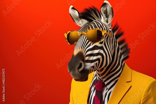  a close up of a zebra wearing a suit and sunglasses with a red wall in the background and a zebra wearing a suit and sunglasses with a red wall in the foreground.