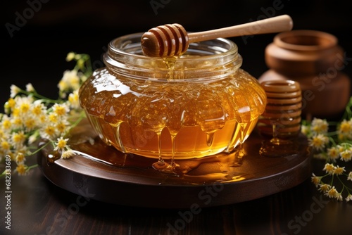  a honey jar filled with honey sitting on top of a wooden table next to a honey dipper and a honey dipper with a honey dipper in it.