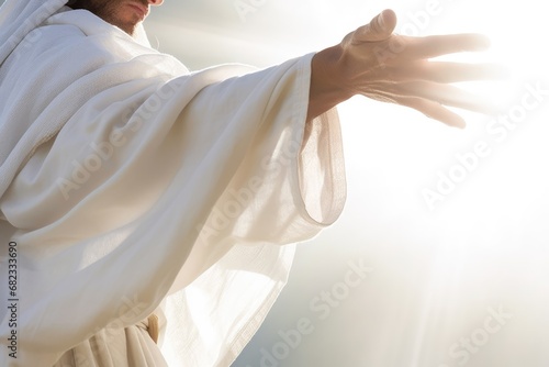 Jesus Christ against bright light background. Easter and resurrection concept. Christian religion, faith, Salvation. Jesus Leaving Empty Tomb. Ascension Christ return. Second coming of Christ
