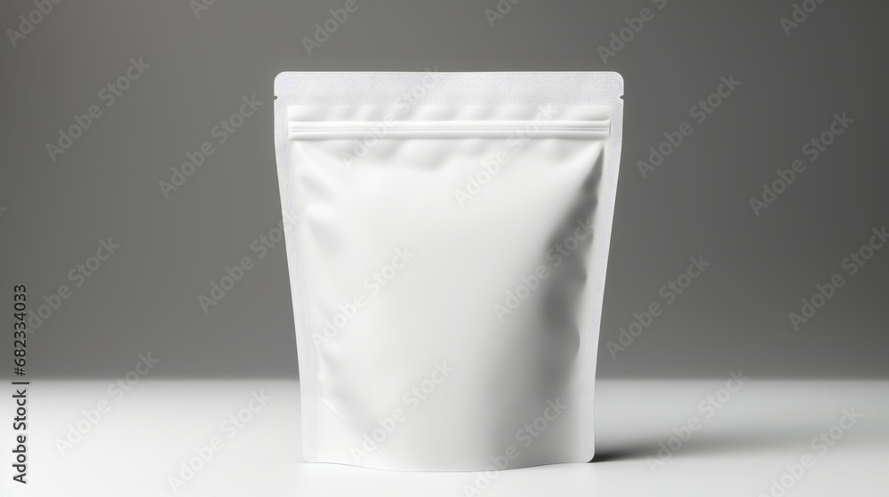 White paper biodegradable bag with zip lock. Packaging of tea, coffee and various food. Grey background. Copy space mockup for logo design or text. Generative AI. White paper biodegradable bag with zip lock. Packaging of tea, coffee and various food. Grey background. Copy space mockup for logo design or text. Generative AI.