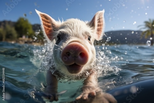  a close up of a pig swimming in a body of water with a blue sky in the background and a palm tree in the foreground and a clear blue sky.