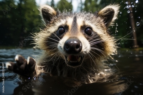  a close up of a raccoon in the water with it's mouth open and it's eyes wide open and it's mouth wide open.