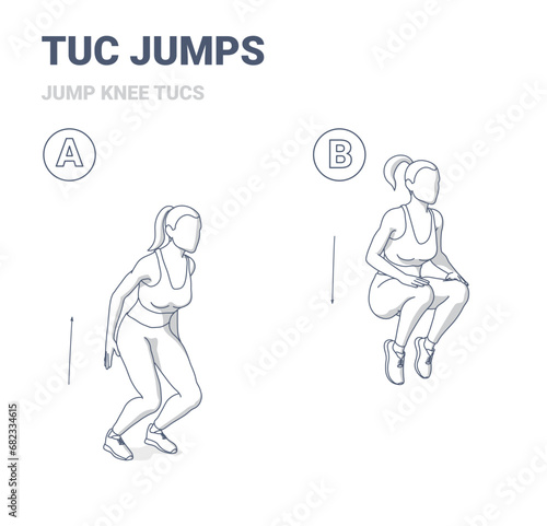 Tuc Jumps Exercise Woman Black and Wite Outlined Home Workout Guidance