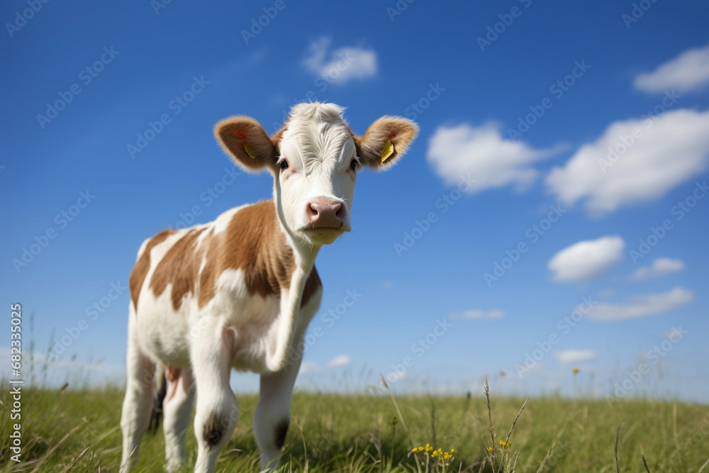 The photo shoot of a young black and white, brown and white calf cow is standing in a meadow grass field with bright sky on a sunny day. Generative AI.