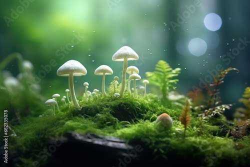  a group of white mushrooms sitting on top of a lush green forest covered in lichen and mossy ground covered in lots of tiny white mushrooms and green leaves.