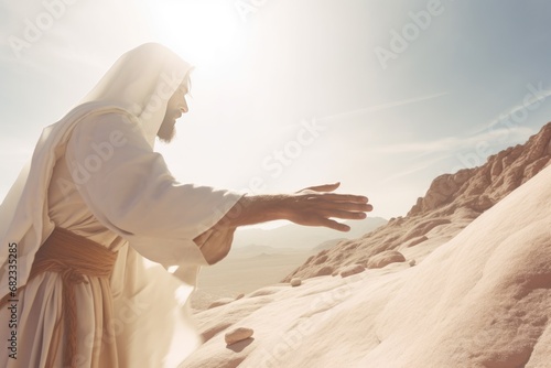 Jesus Christ against bright light background. Easter and resurrection concept. Christian religion, faith, Salvation. Jesus Leaving Empty Tomb. Ascension Christ return. Second coming of Christ photo