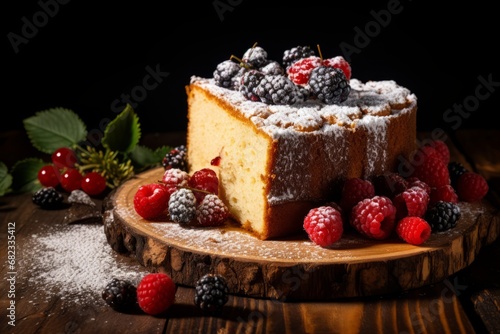 A delicious slice of Medovik, traditional Russian honey cake, served on a rustic wooden table, garnished with powdered sugar and fresh berries
