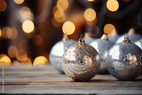  a close up of two silver christmas ornaments on a wooden table with a boke of lights in the backgroung of the image and a blurry background.