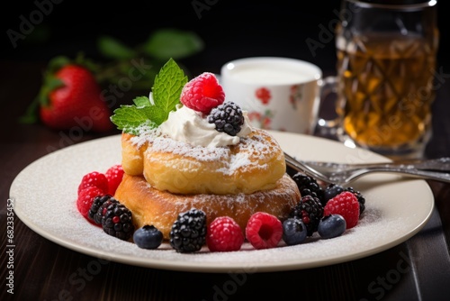 A traditional Russian breakfast dish, Syrniki, beautifully presented on a white plate with a side of fresh berries, a dusting of powdered sugar, and a dollop of sour cream