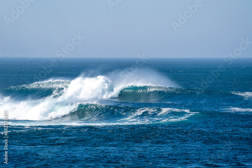 Perfect wave in Canary Islands. Ocean wave in Fuerteventura background