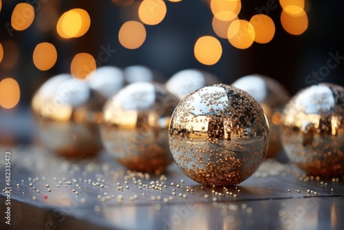  a group of shiny gold balls sitting on top of a table next to a bunch of gold glitter balls on top of a wooden table with lights in the background.