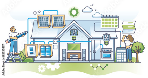 Planning residential home solar electric system with sun panels installation outline concept. Alternative and renewable power project for with electricity storage and smart usage vector illustration.