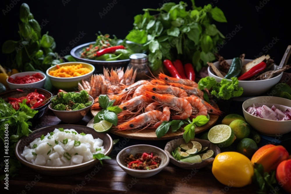 A vibrant display of traditional Vietnamese Banh, featuring a variety of flavors and colors, beautifully arranged on a rustic wooden table with fresh ingredients scattered around