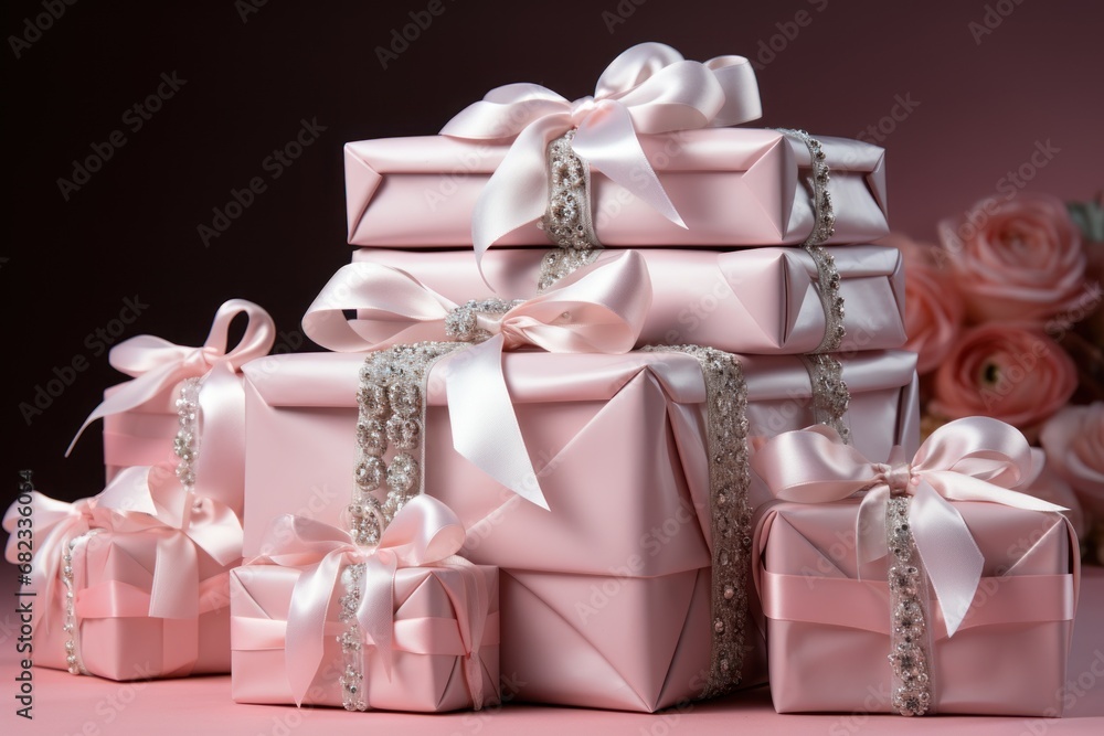  a stack of pink gift boxes sitting next to each other on a pink surface with a bouquet of pink roses in the background and a pink wall in the background.