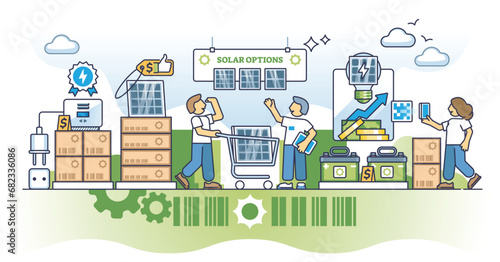 Solar panel costs and green energy kit price calculation outline concept. Buy battery, inverter and sun panels with best financial offers in shop vector illustration. Use alternative power for home.