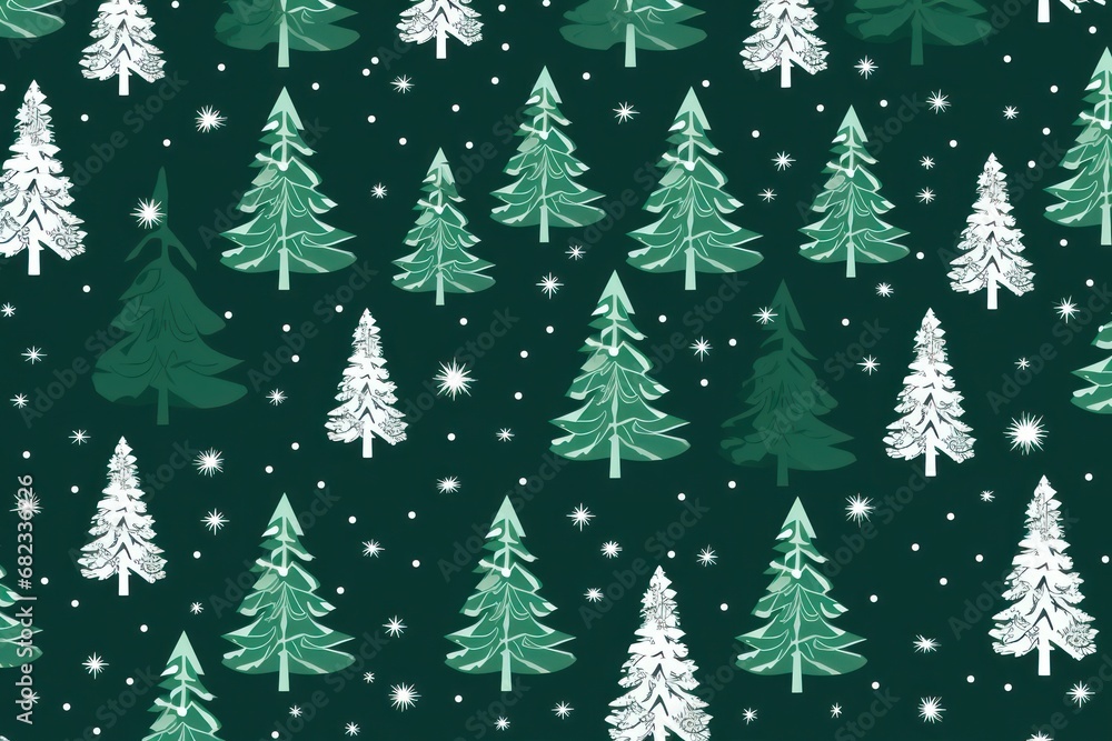  a green and white christmas tree pattern with snowflakes and stars on a dark green background with white snowflakes and snowflakes on the bottom of the trees.