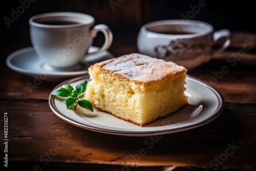 A Delicious Slice of Gooey Butter Cake Served on a Vintage Plate, Paired with a Cup of Hot Coffee, on a Rustic Wooden Table with a Soft Morning Light Illuminating the Scene