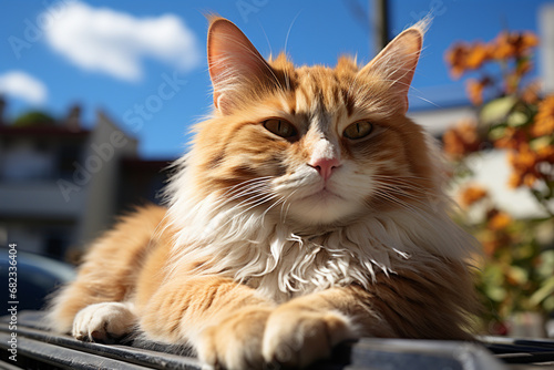 An orange and white cat is leisurely resting atop a clean, white car, exhibit