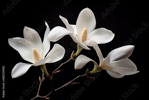  a couple of white flowers sitting on top of a tree branch in front of a black background with a light coming through the center of the flower and the petals.