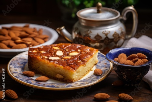 A traditional Lebanese dessert, Sfouf, beautifully presented on a rustic wooden table, garnished with almonds and served with a cup of hot tea